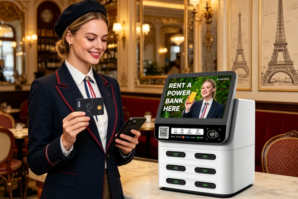 France POS shared power bank device in restaurant and commercial scenarios, supporting card and QR code rentals